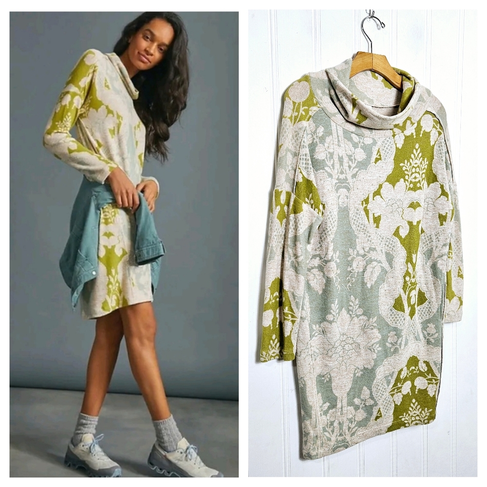 Anthropologie Saturday Sunday Dress SP Cozy Cowl Neck Floral Tunic Green Cream